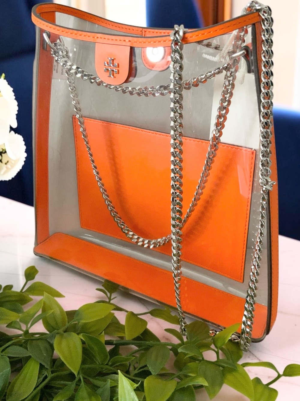 TORY BURCH RORY N/S CHAIN TOTE CLEAR/MANDARIN ORANGE NWt